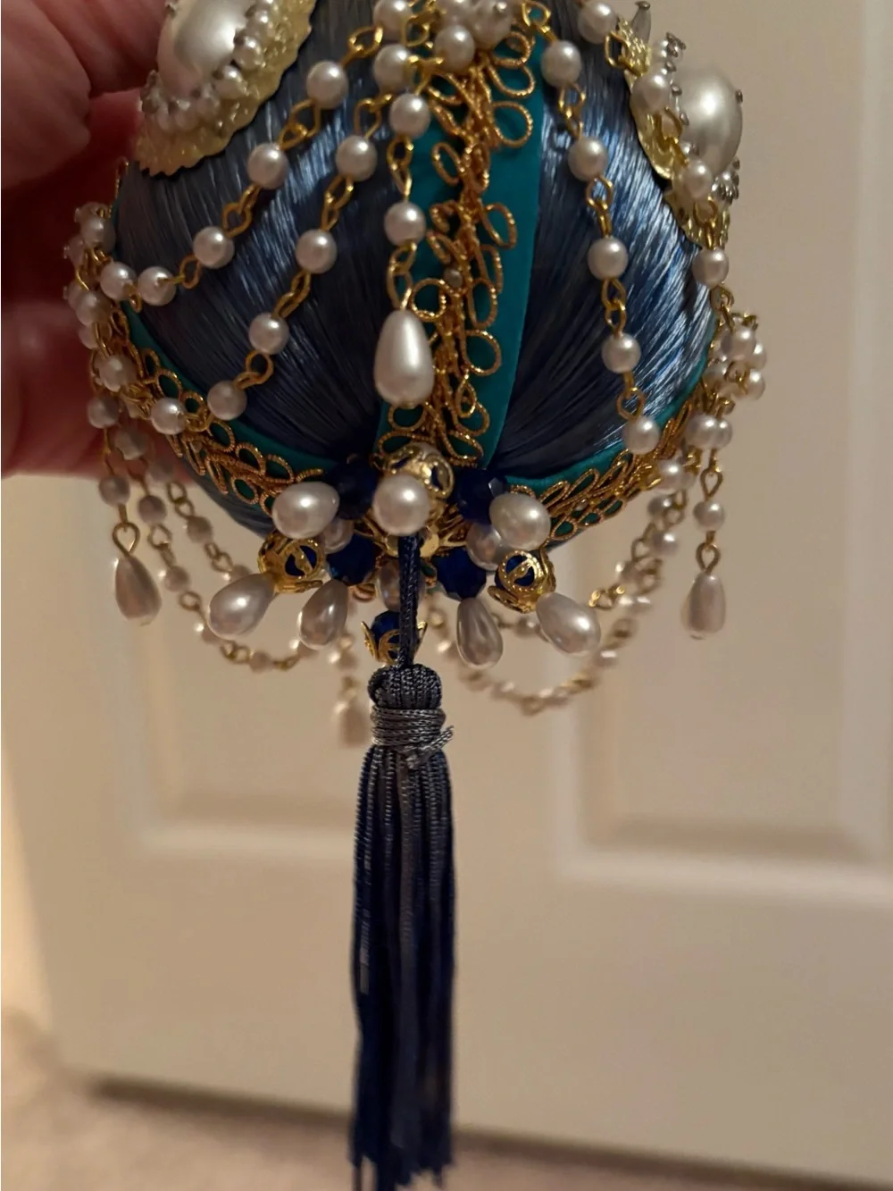 Handcrafted Blue and White Beaded Tassel Push Pin Ornament